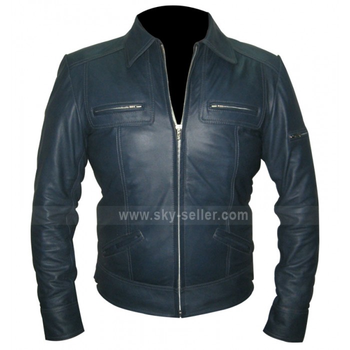 Designer Unisex Navy Blue Leather Jacket For Sale
